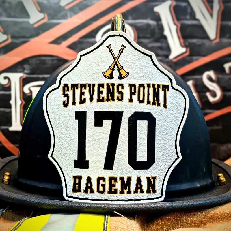 Firefighter mounting a leather fire helmet shield step by step