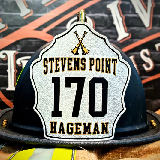 Firefighter mounting a leather fire helmet shield step by step