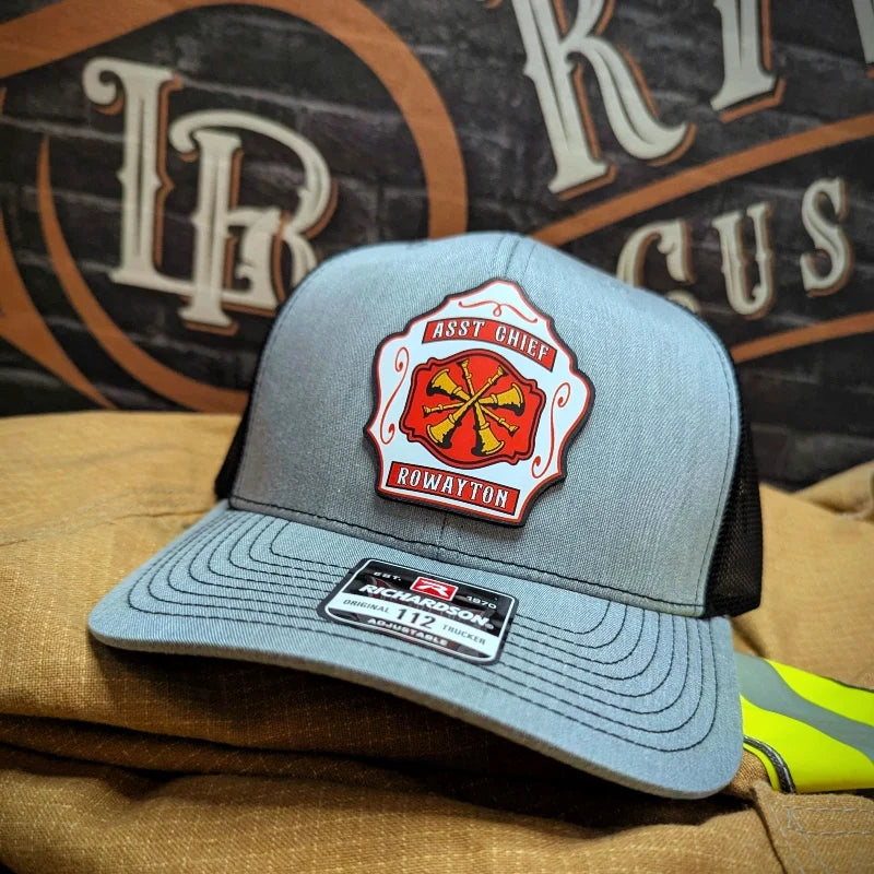 Custom firefighter hat featuring a detailed full color leather shield patch