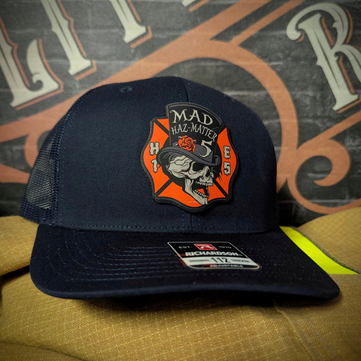 Passport style firefighter hat patch with organized company information