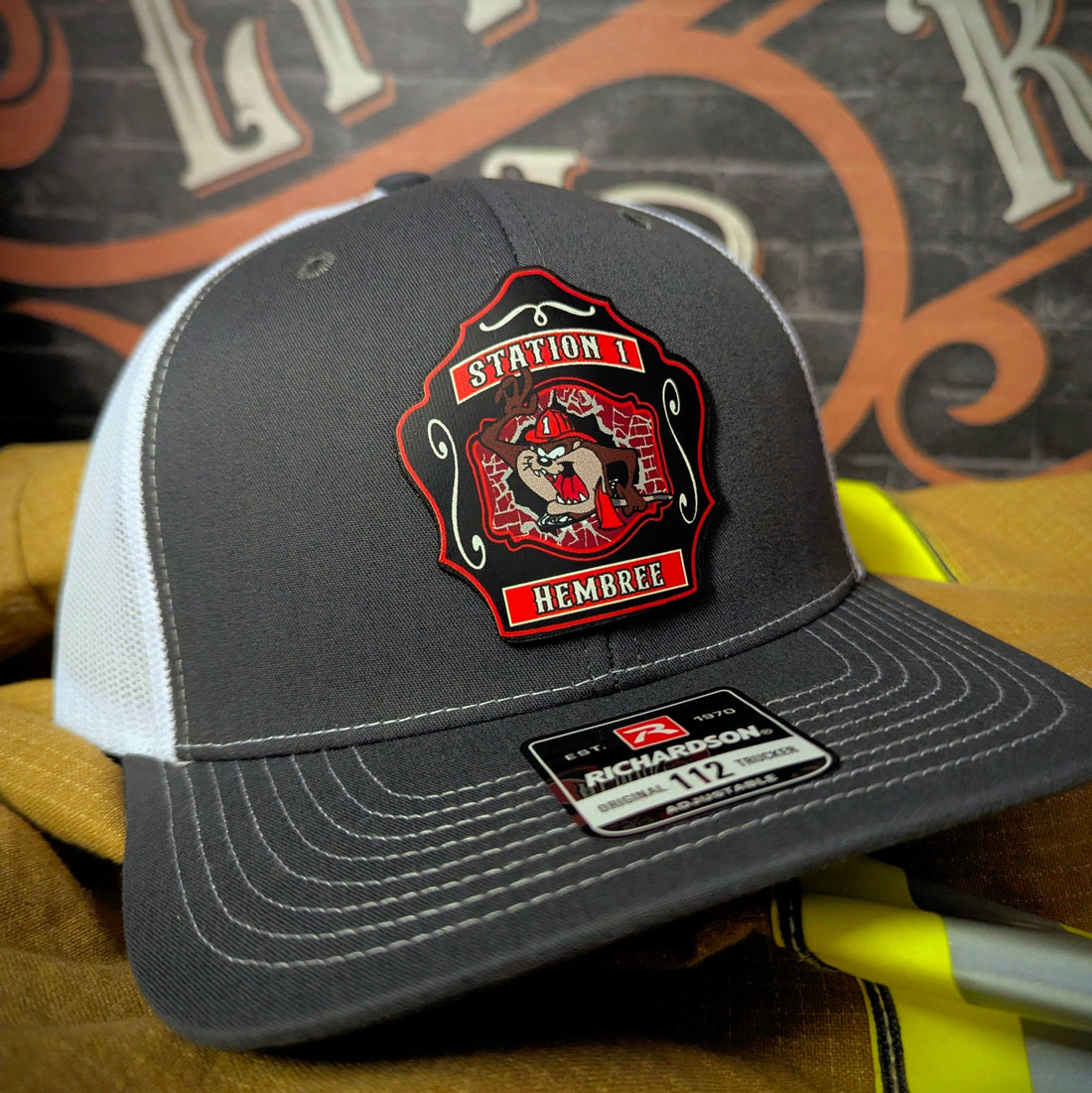 Custom firefighter leather patch made from clean department logo artwork