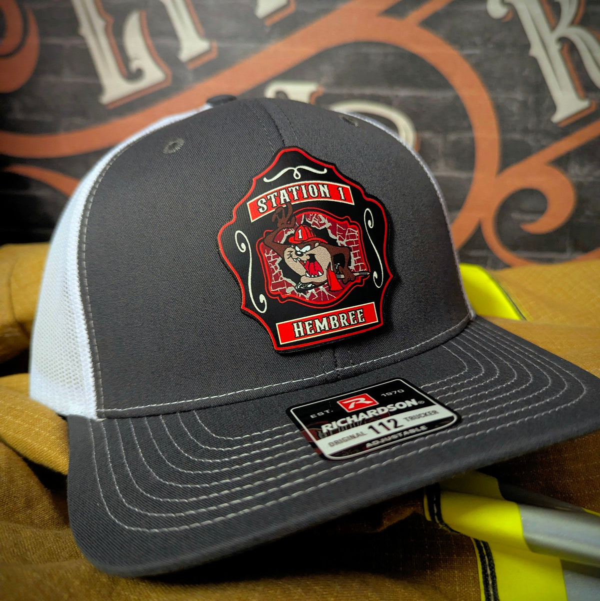 Custom firefighter leather patch made from clean department logo artwork