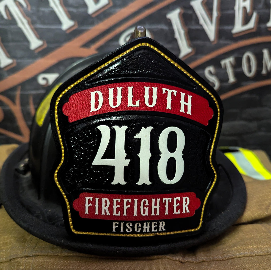 Custom full grain leather firefighter helmet shield 