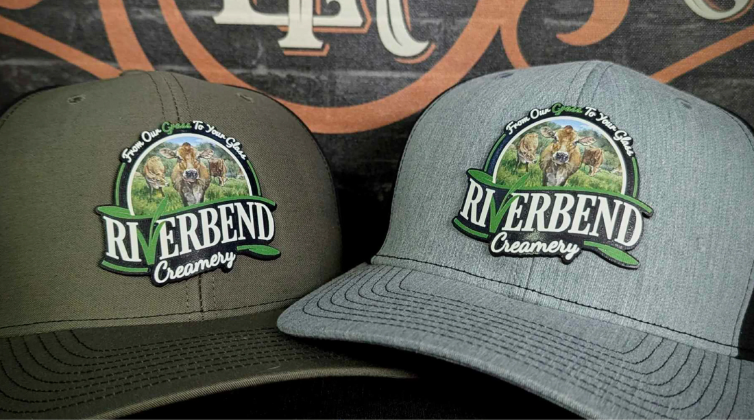 Custom leather patch hats with business logos on Richardson trucker hats, designed for small business and B2B branding and marketing impact