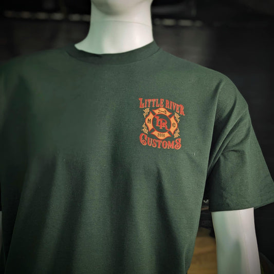 Little River Customs firefighter shirt – front print with custom LRC Maltese cross logo for fire and EMS crews