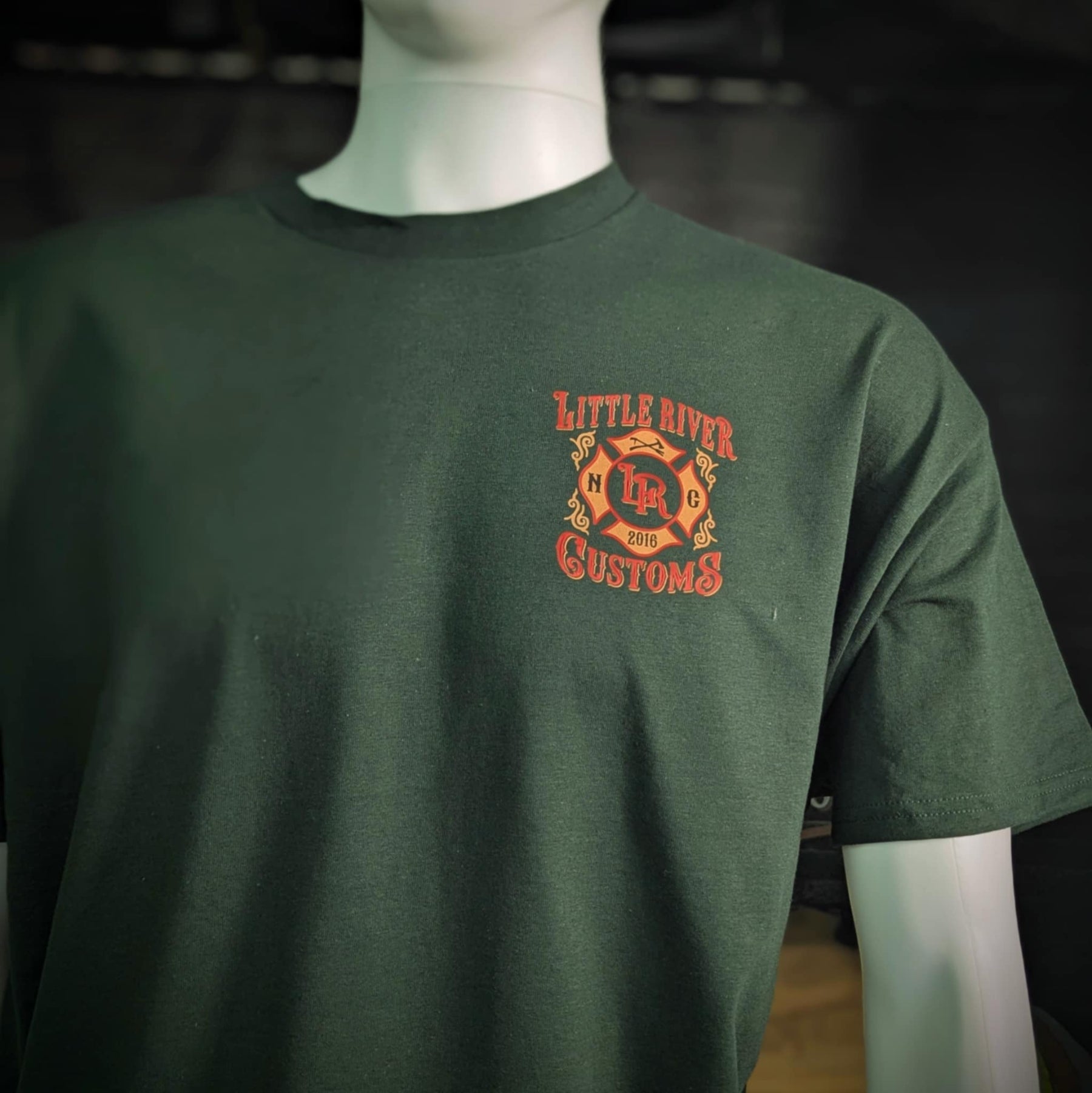 Little River Customs firefighter shirt – front print with custom LRC Maltese cross logo for fire and EMS apparel