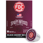 Fire Department Coffee Black Cherry Bourbon Infused Coffee Pods upright box with a single coffee pod
