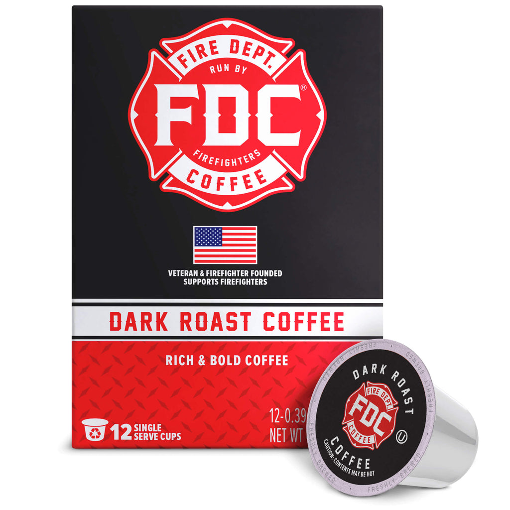 Fire Department Coffee Dark Roast Coffee Pods upright box with a single coffee pod