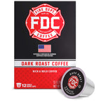 Fire Department Coffee Dark Roast Coffee Pods upright box with a single coffee pod