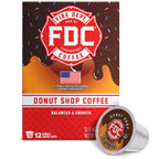 Fire Department Coffee Donut Shop Coffee Pods upright box with a single coffee pod