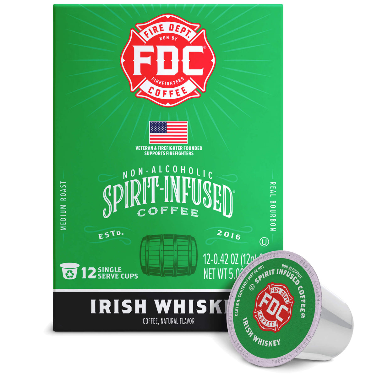 Fire Department Coffee Irish Whiskey Infused Coffee Pods upright box with a single coffee pod