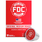 Fire Department Coffee Original Medium Roast Coffee Pods upright box with a single coffee pod