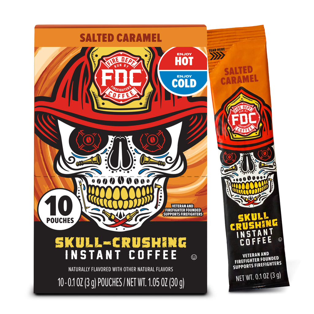 Salted Caramel Skull-Crushing Instant Coffee 10-pouch box and single stick pack