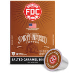 Fire Department Coffee Salted Caramel Bourbon Infused Coffee Pods upright box with a single coffee pod