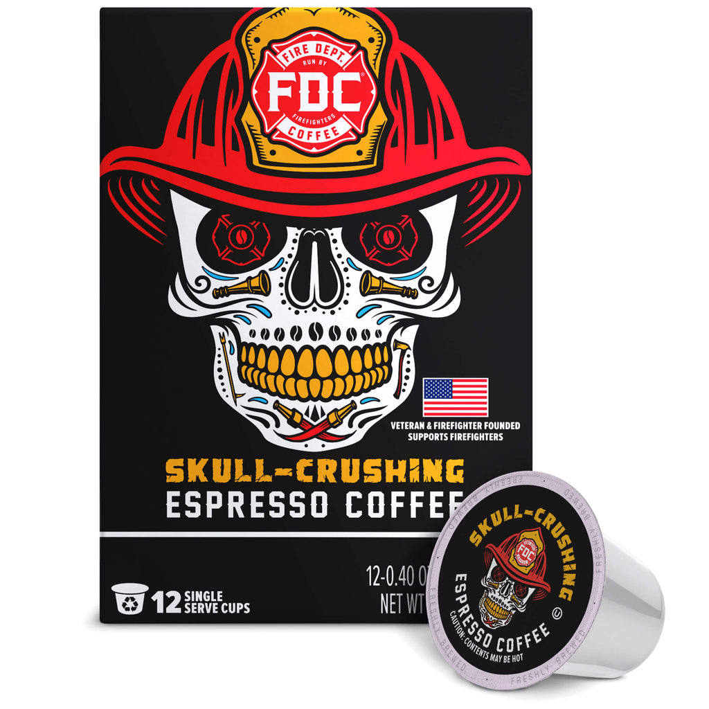 Fire Department Coffee Skull-Crushing Espresso Pods upright box with a single coffee pod