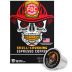 Fire Department Coffee Skull-Crushing Espresso Pods upright box with a single coffee pod
