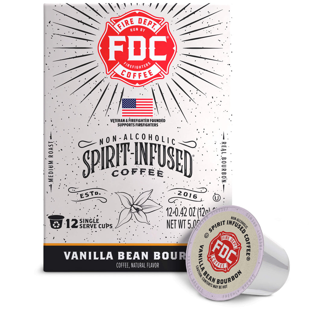 Fire Department Coffee Vanilla Bean Bourbon Infused Coffee Pods upright box with a single coffee pod