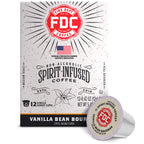 Fire Department Coffee Vanilla Bean Bourbon Infused Coffee Pods upright box with a single coffee pod