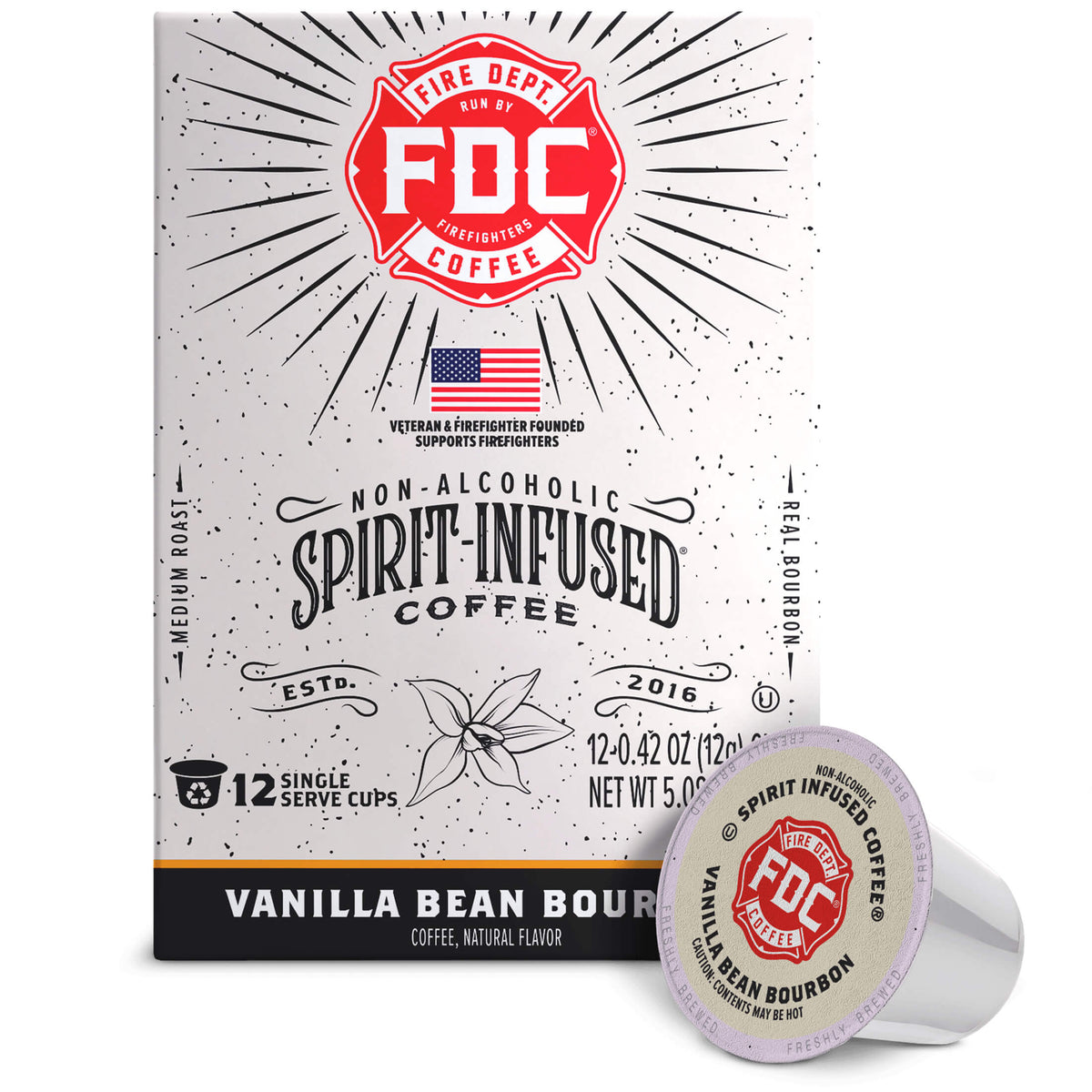 Fire Department Coffee Vanilla Bean Bourbon Infused Coffee Pods upright box with a single coffee pod
