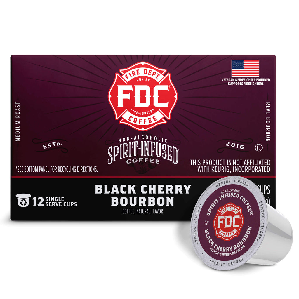 Black Cherry Bourbon Infused Coffee Pods horizontal box with a single pod, front view