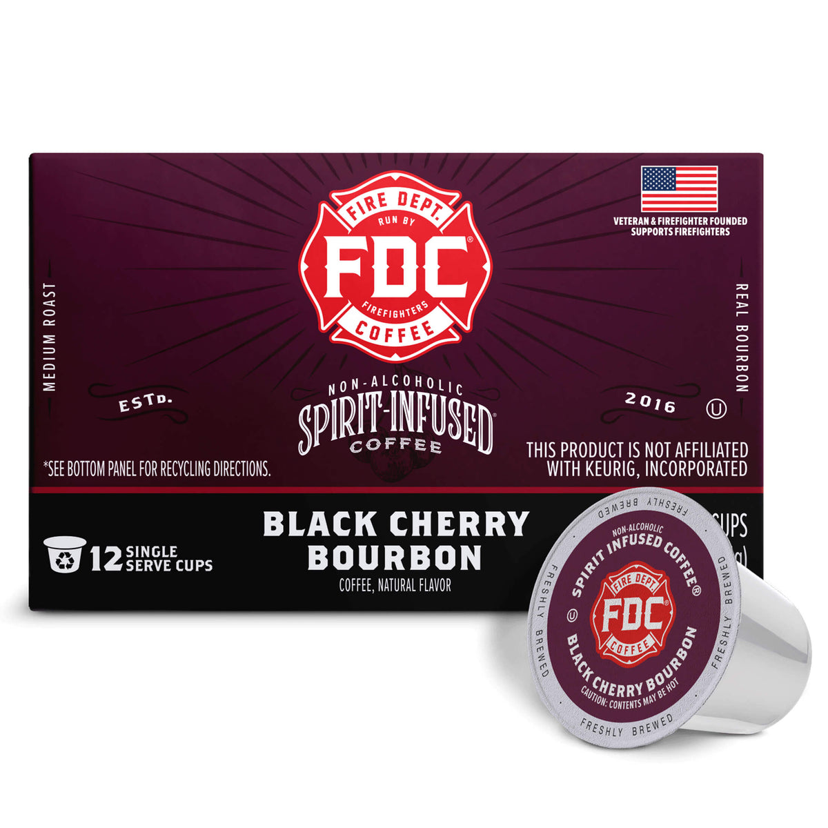 Black Cherry Bourbon Infused Coffee Pods horizontal box with a single pod, front view
