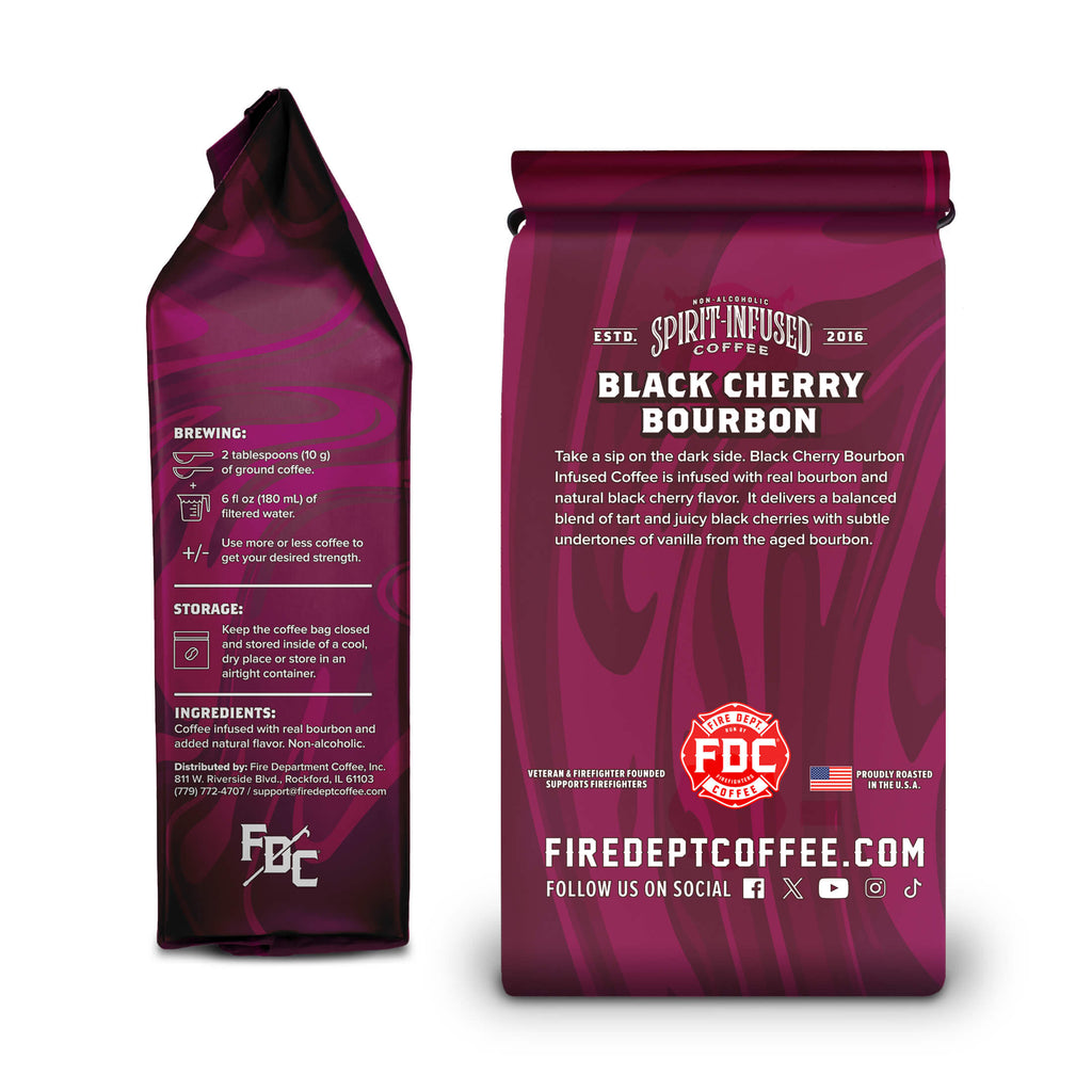 Black Cherry Bourbon Infused Coffee bag side and back views showing the package information