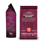Black Cherry Bourbon Infused Coffee bag side and back views showing the package information
