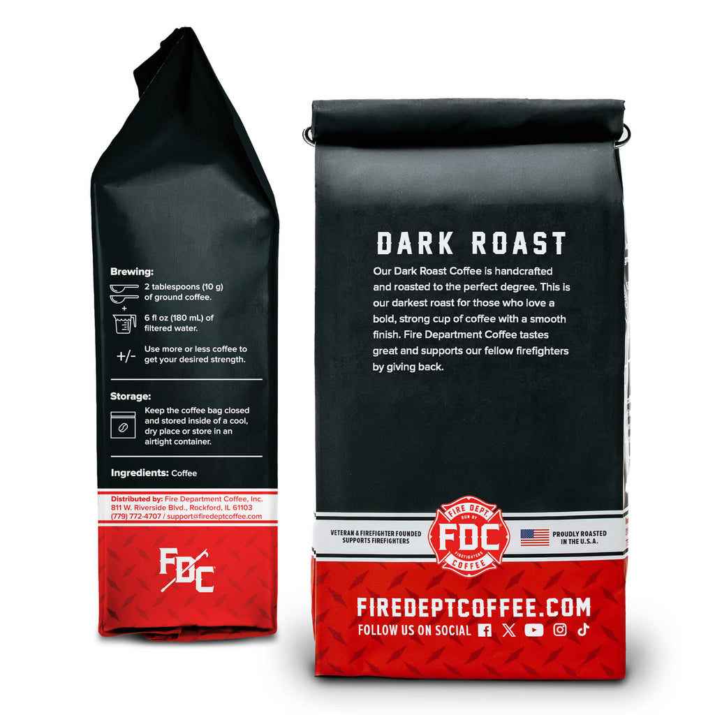 Dark Roast Coffee bag side and back views showing the package information