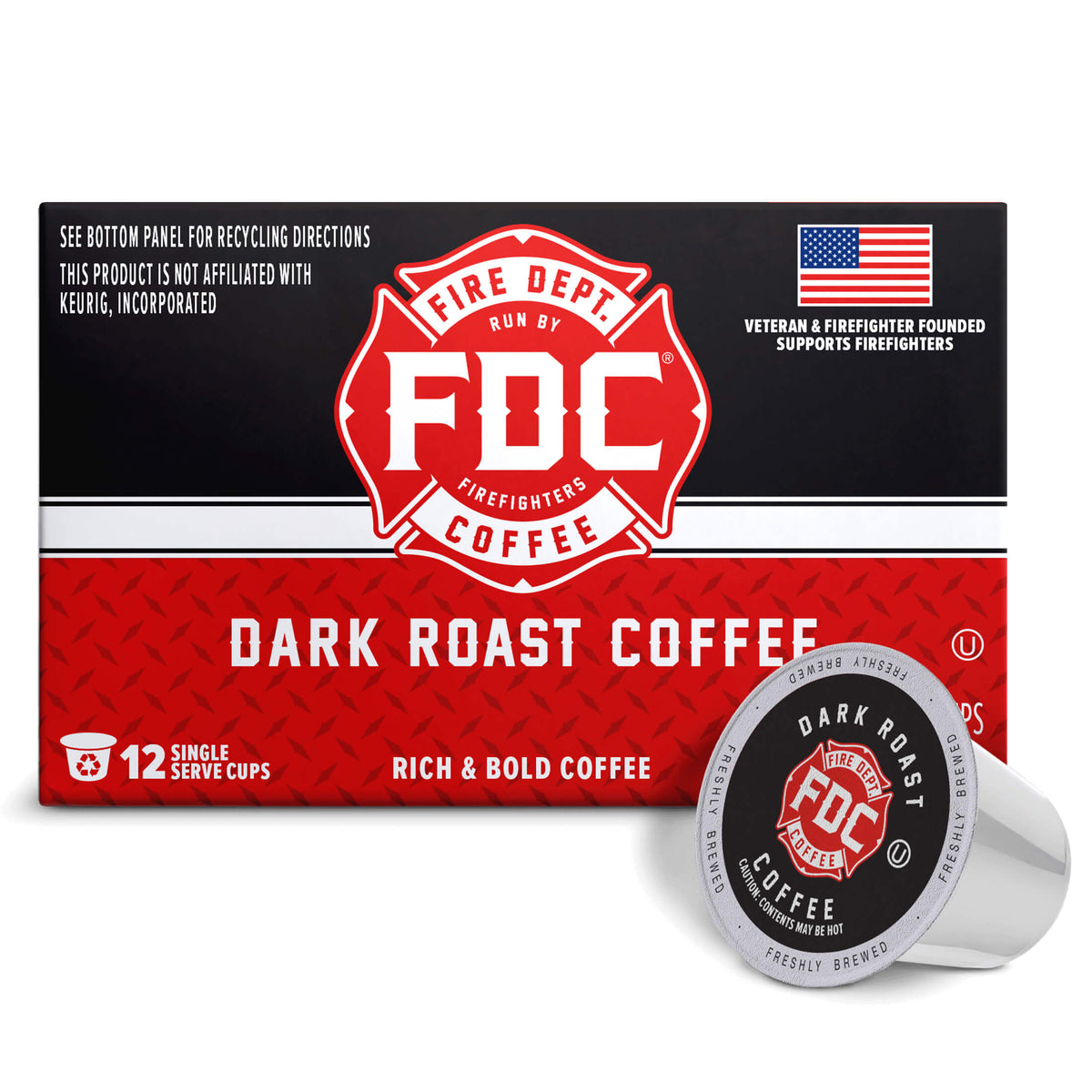 Dark Roast Coffee Pods horizontal box with a single pod, front view