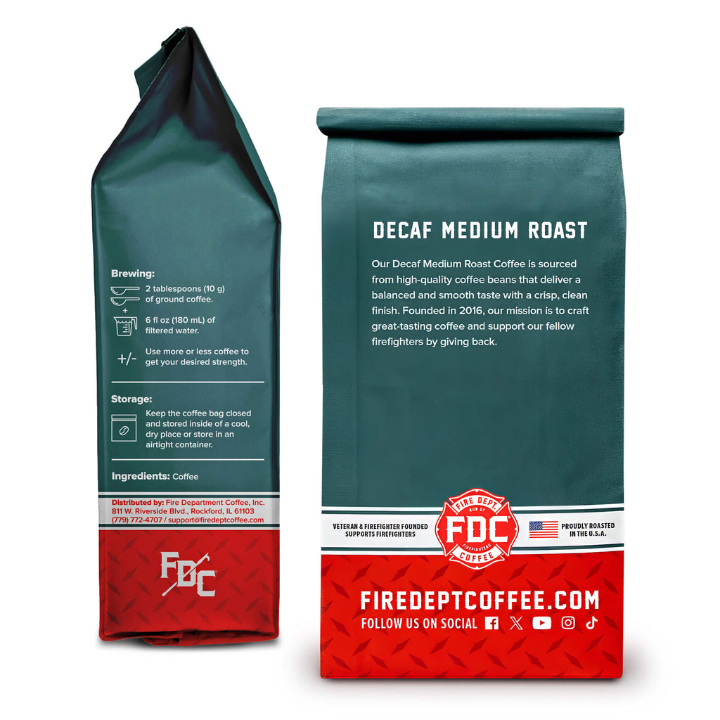 Decaf Coffee bag side and back views showing the package information