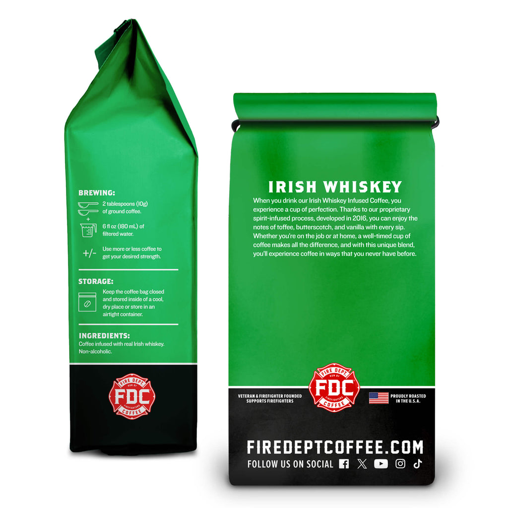 Irish Whiskey Infused Coffee bag side and back views showing the package information