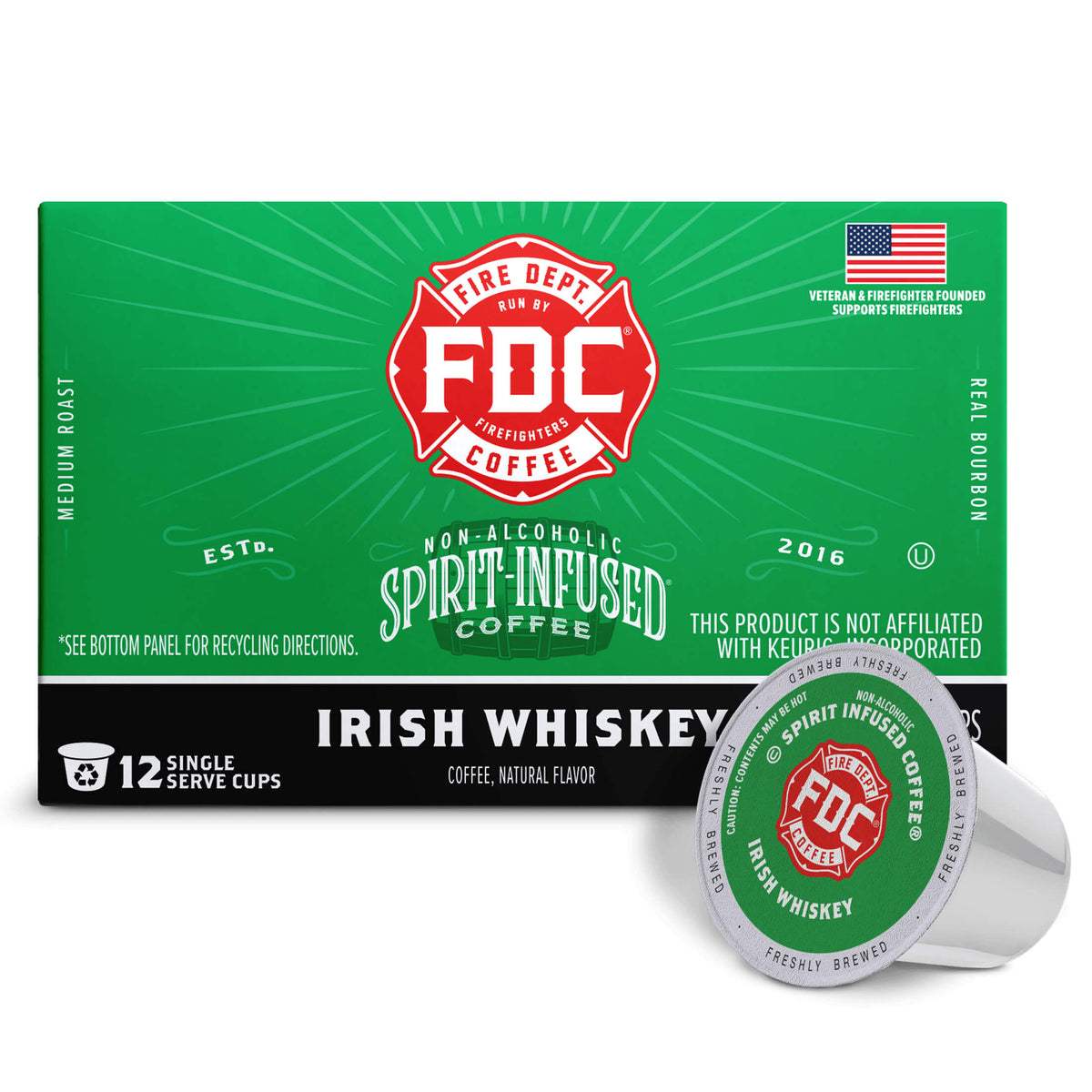 Irish Whiskey Infused Coffee Pods horizontal box with a single pod, front view
