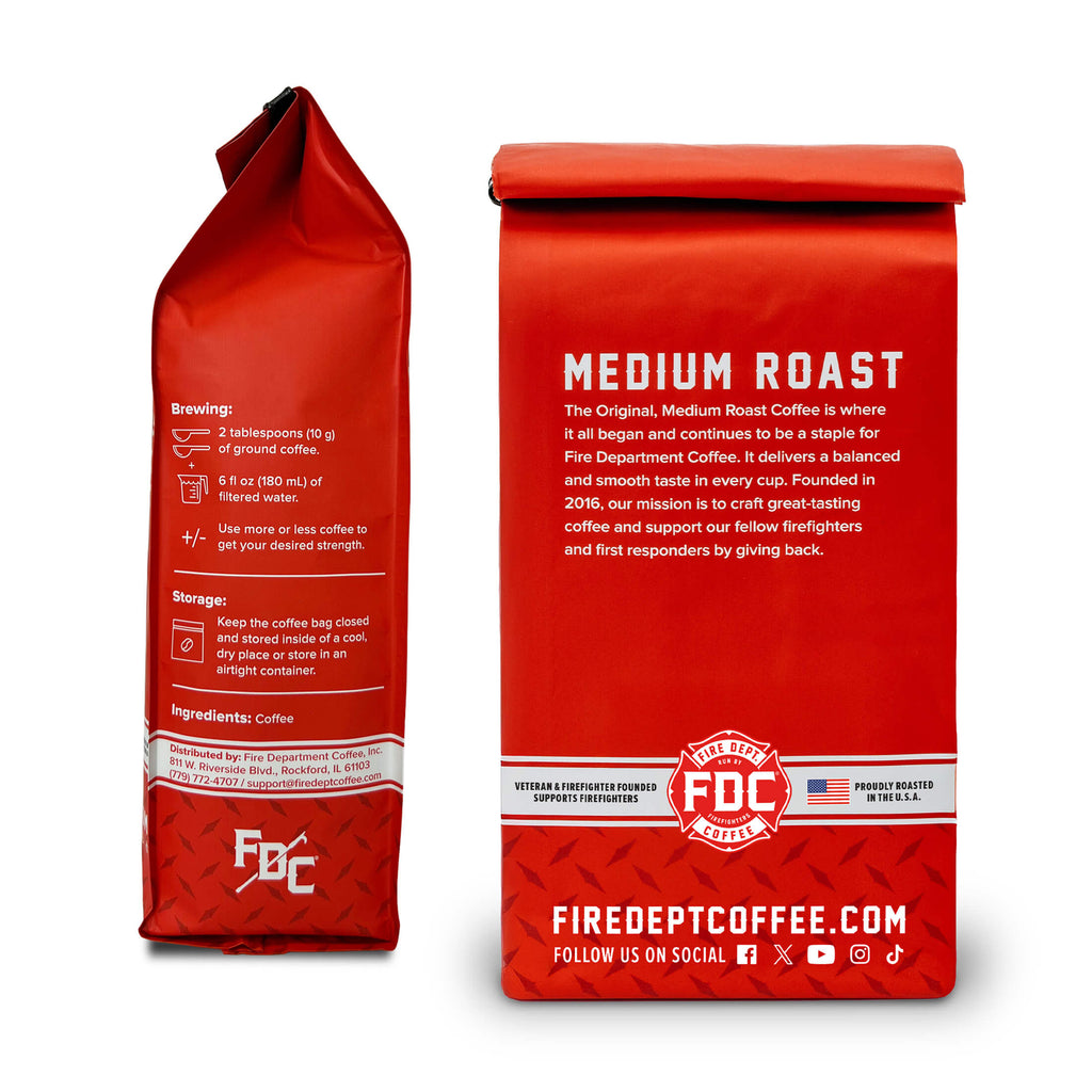 Original Medium Roast Coffee bag side and back views showing the package information