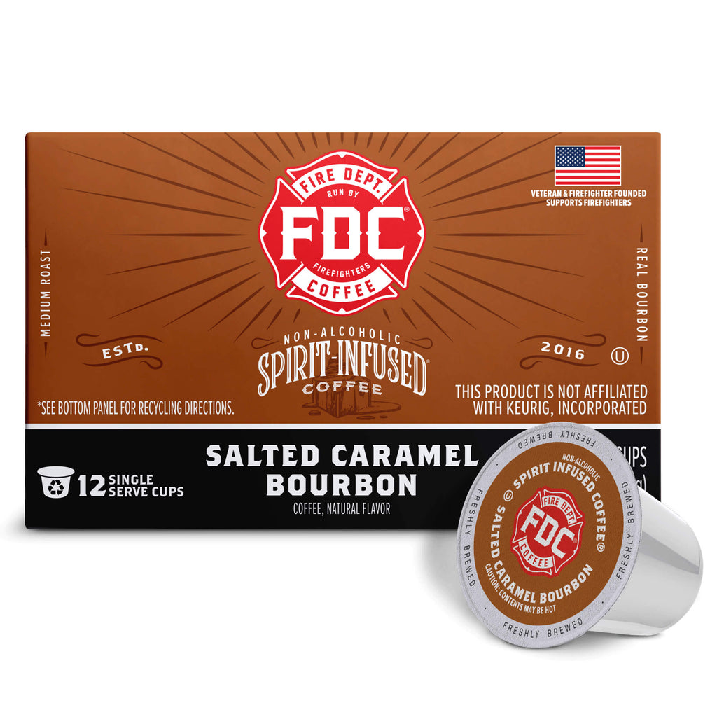 Salted Caramel Bourbon Infused Coffee Pods horizontal box with a single pod, front view