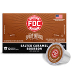 Salted Caramel Bourbon Infused Coffee Pods horizontal box with a single pod, front view