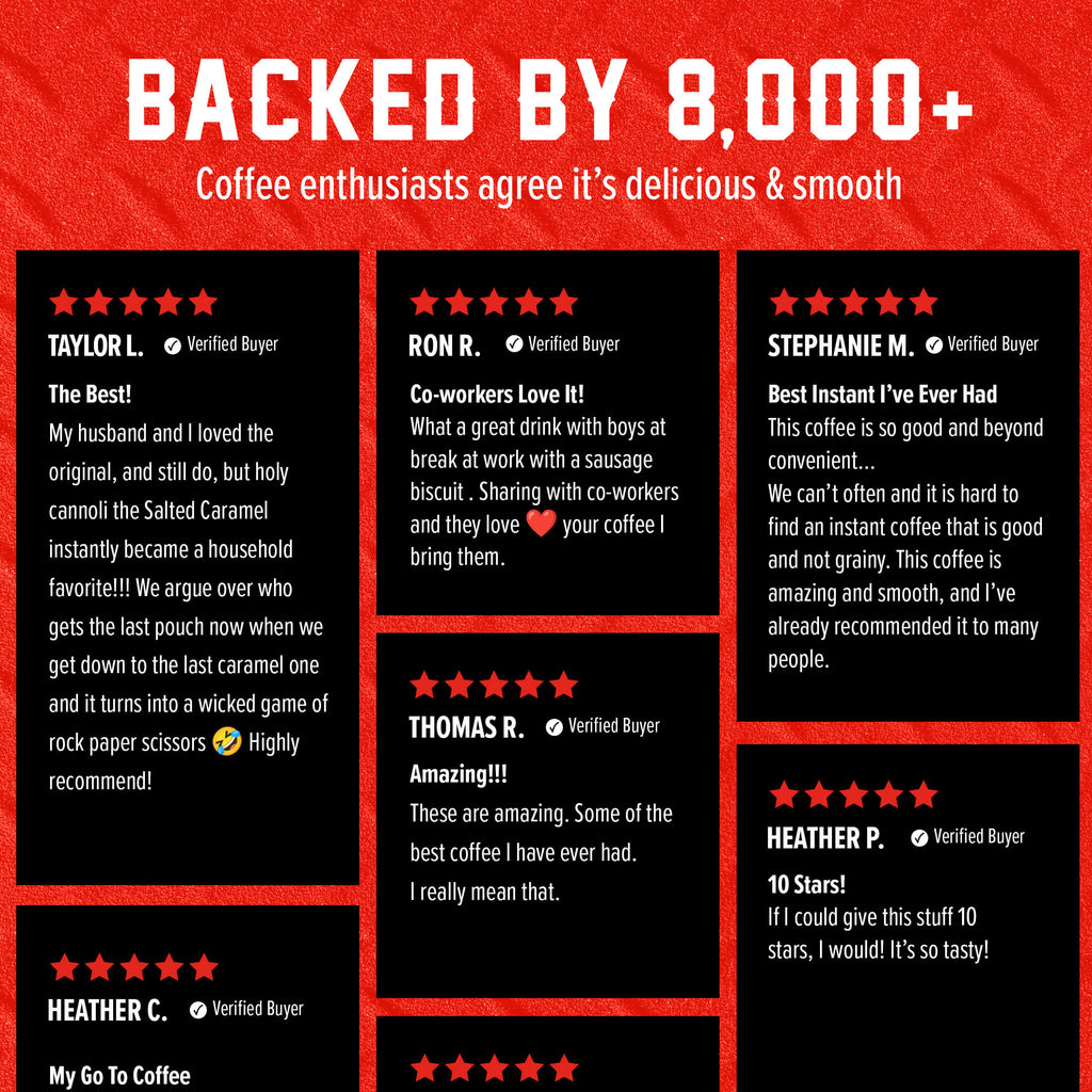 Salted Caramel Skull-Crushing Instant Coffee customer review grid on a red and black background