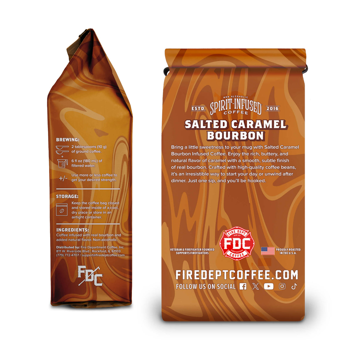 Salted Caramel Bourbon Infused Coffee bag side and back views showing the package information