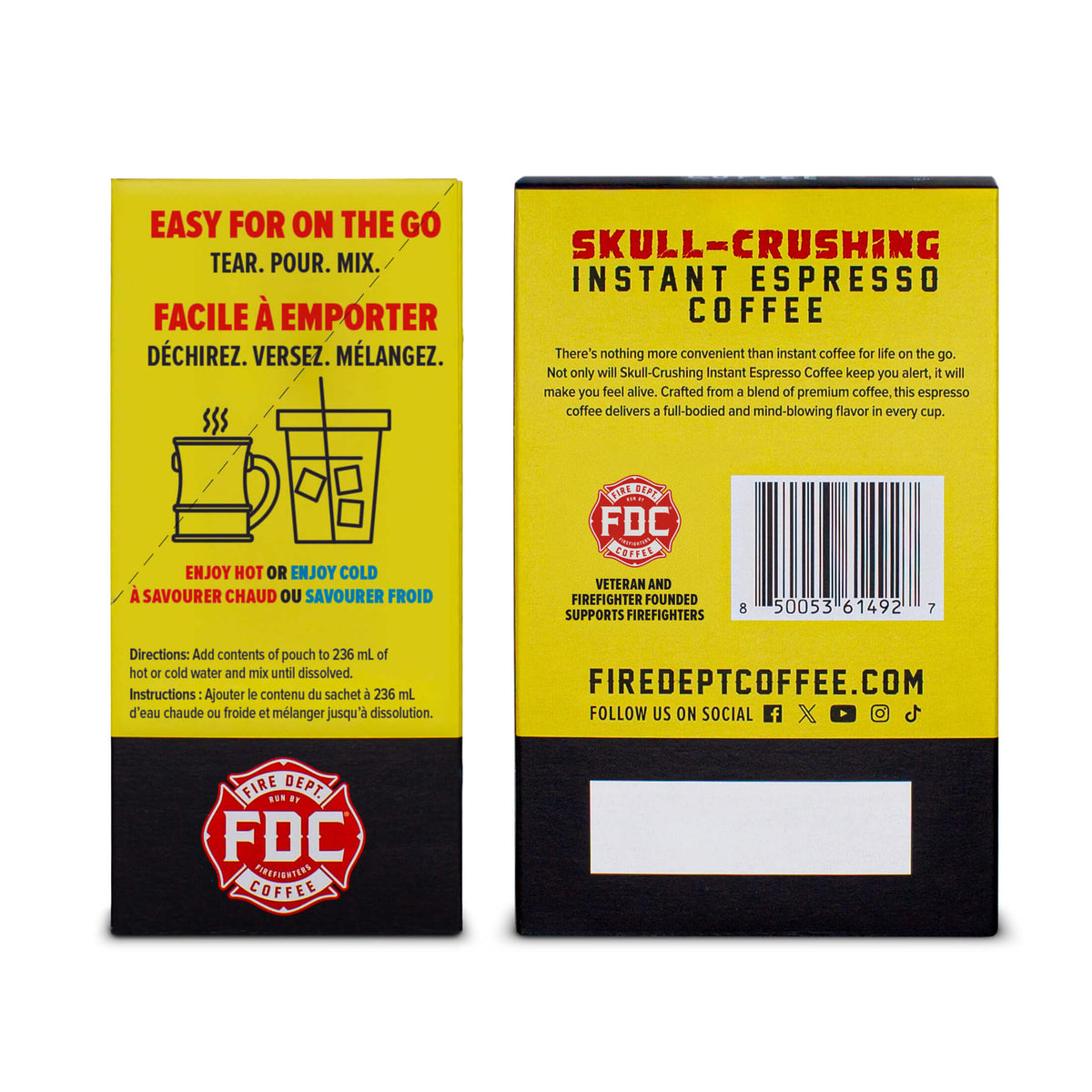 Skull-Crushing Instant Espresso Coffee box side and back views with mixing instructions