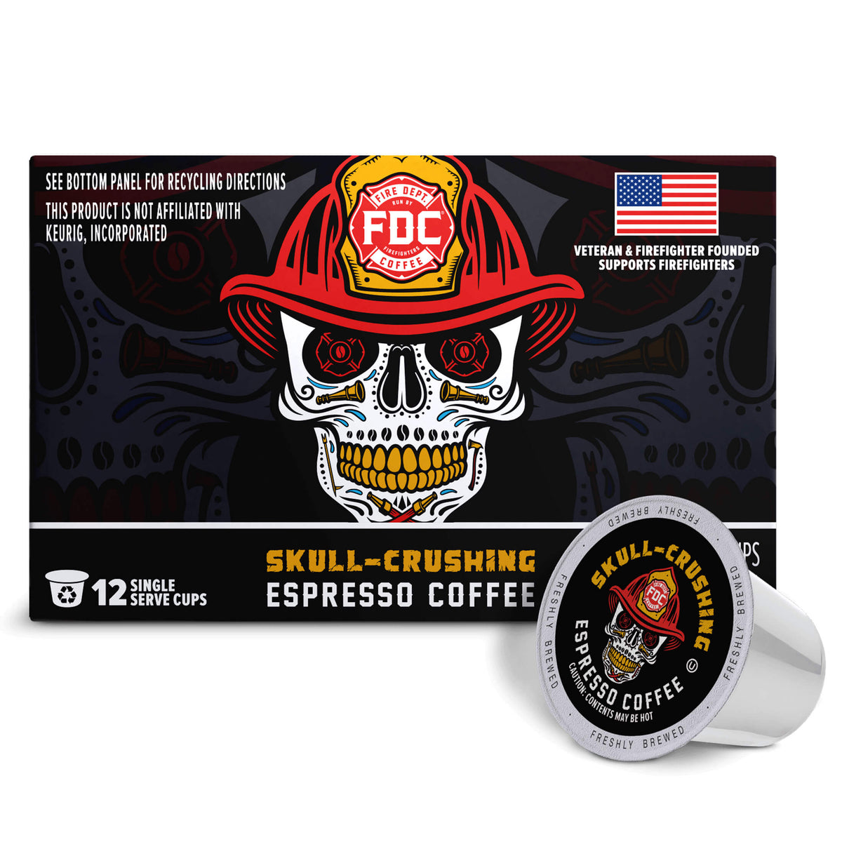 Skull-Crushing Espresso Pods horizontal box with a single pod, front view