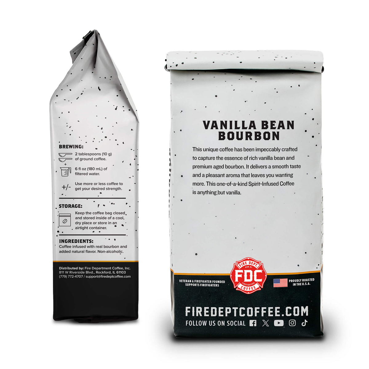 Vanilla Bean Bourbon Infused Coffee bag side and back views showing the package information