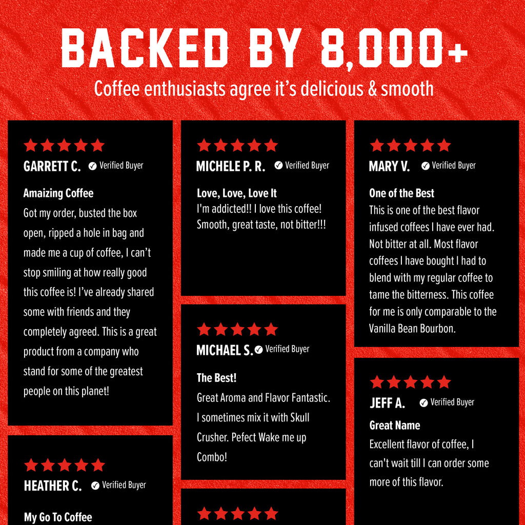 Black Cherry Bourbon Infused Coffee Pods customer review grid on a red and black background