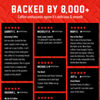 Black Cherry Bourbon Infused Coffee Pods customer review grid on a red and black background