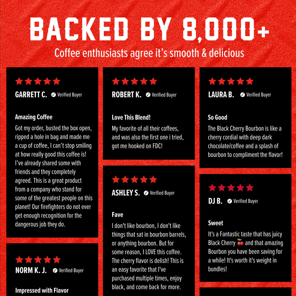 Black Cherry Bourbon Infused Coffee customer review grid on a red and black background