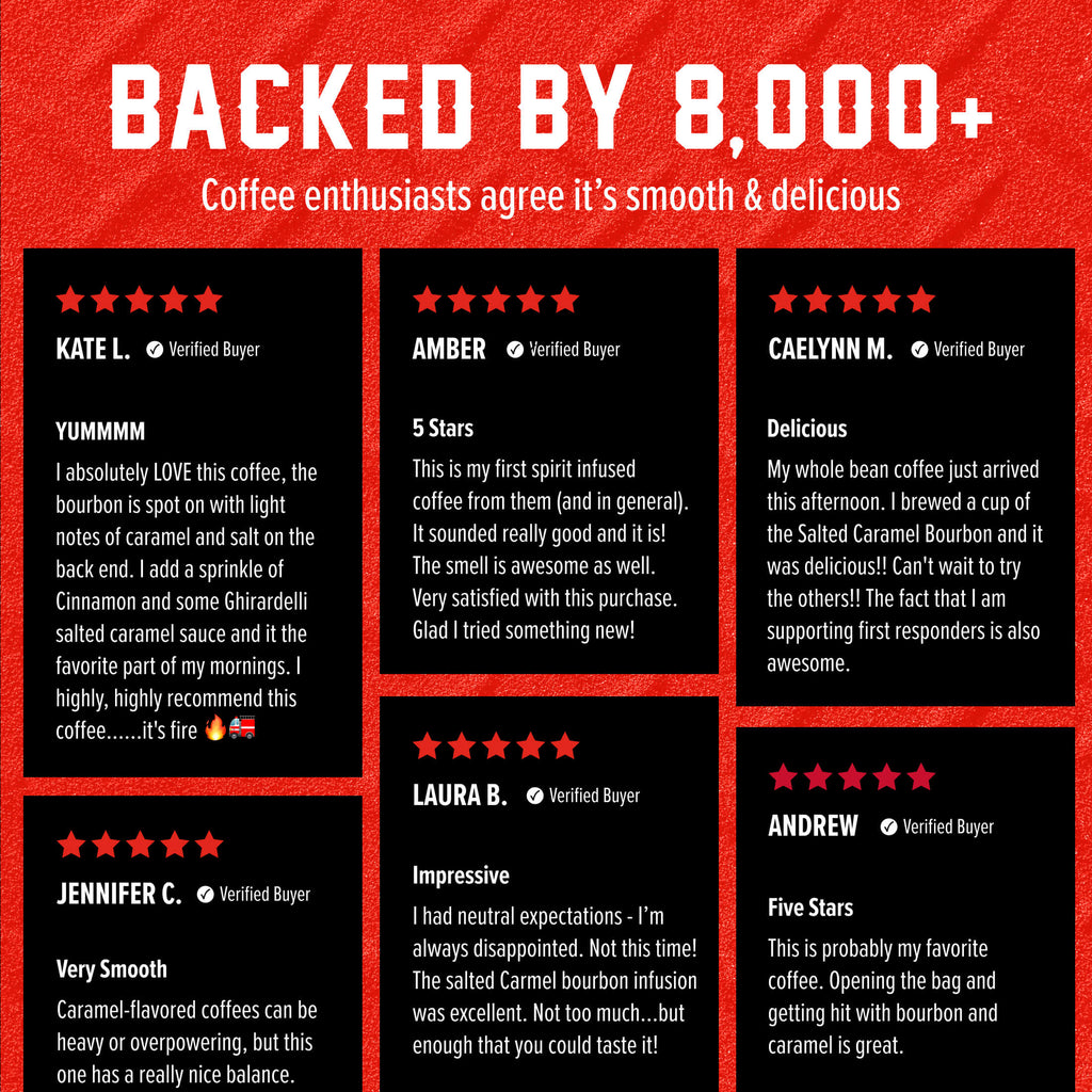 Salted Caramel Bourbon Infused Coffee customer review grid on a red and black background