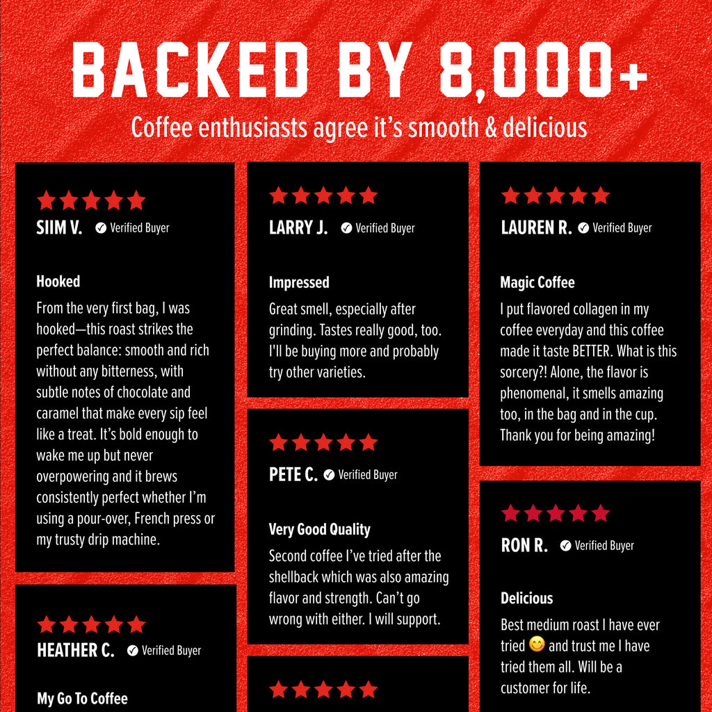 Vanilla Bean Bourbon Infused Coffee customer review grid on a red and black background