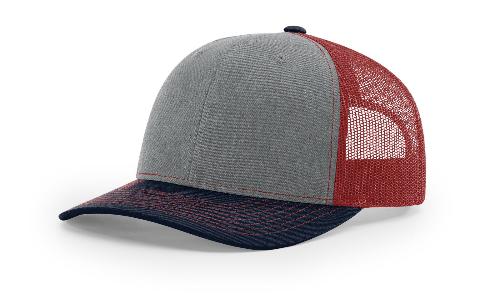 Heather grey hat with red mesh back and navy bill