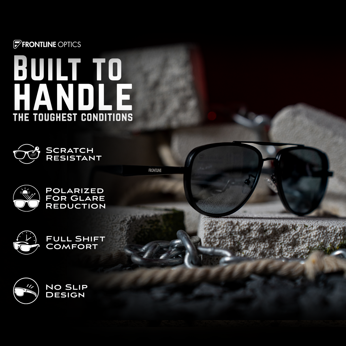 Ace feature graphic showing lens protection, polarization, comfort and nonslip frames