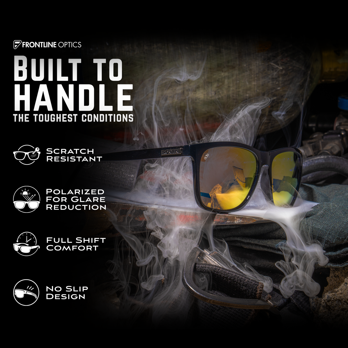 Nado Sunset feature graphic showing lens protection, polarization, comfort and nonslip frames