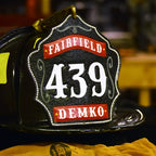 Leather fire helmet front custom 1st Due firefighter shield
