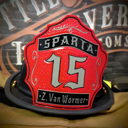 Handmade 1st Due fire helmet front crafted from full grain leather